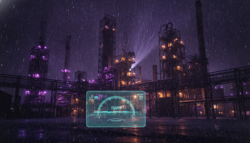 Chuva sobre planta industrial à noite — registro de clima no RDO digital