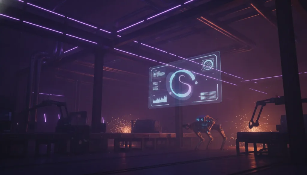 Planta industrial de celulose à noite com interface digital de gestão de paradas — plataforma D.Stark