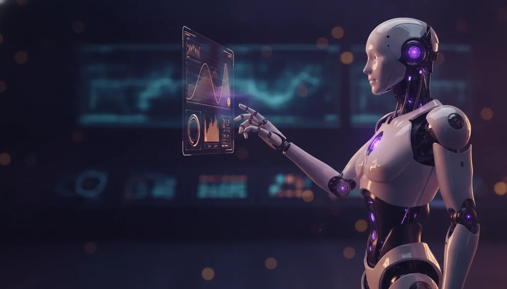 Robô industrial interagindo com painéis holográficos de gestão de operações — automação com IA da D.Solutions