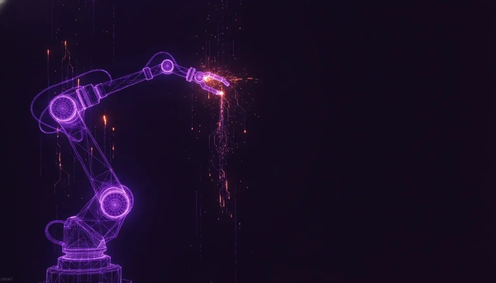 Braço robótico em wireframe com código luminoso — automação de processos com agentes de IA
